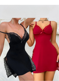 Sexy Nachtkleid Damen | Spitze Nachthemd | Tiefes Dekolleté | Verführerisch-Schwarz+Rot-S-Luzern Mode