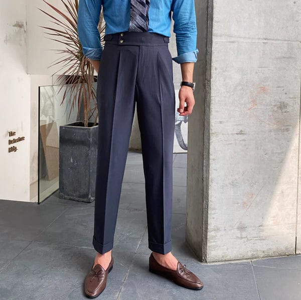 Hoch taillierte Damenhose mit Gürtel und Falten-Design-Dunkelgrau-28-Luzern Mode
