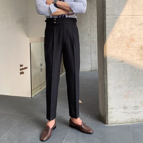 Hoch taillierte Damenhose mit Gürtel und Falten-Design-Schwarz-28-Luzern Mode