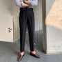 Hoch taillierte Damenhose mit Gürtel und Falten-Design-Schwarz-28-Luzern Mode