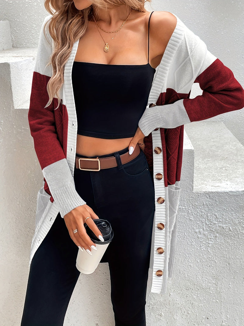 Damen Strickjacke mit Knopfleiste und Zopfmuster Design-Rot-S-Luzern Mode