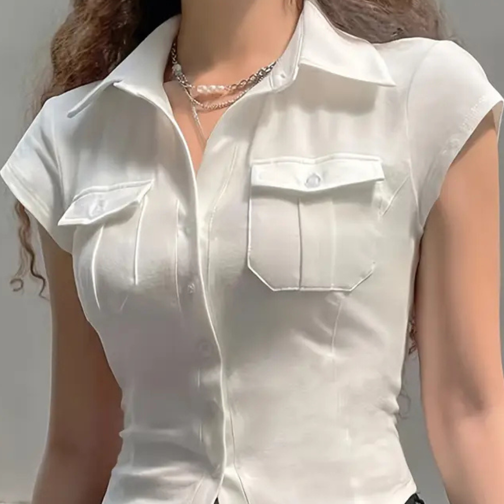 Damen Bluse Kurzarm mit Knopfleiste und Brusttaschen-Luzern Mode