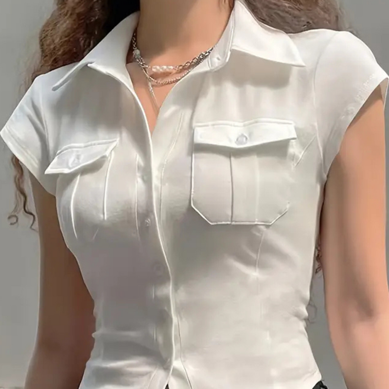 Damen Bluse Kurzarm mit Knopfleiste und Brusttaschen-Luzern Mode