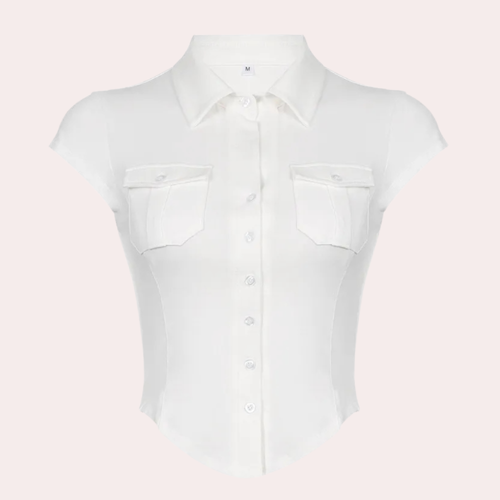 Damen Bluse Kurzarm mit Knopfleiste und Brusttaschen-Luzern Mode