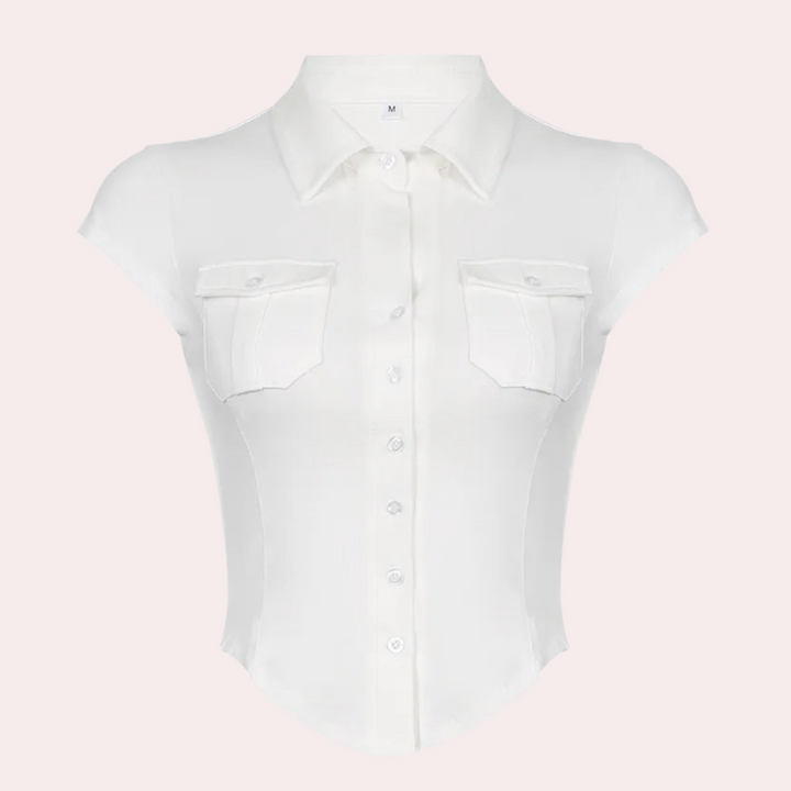 Damen Bluse Kurzarm mit Knopfleiste und Brusttaschen-Luzern Mode