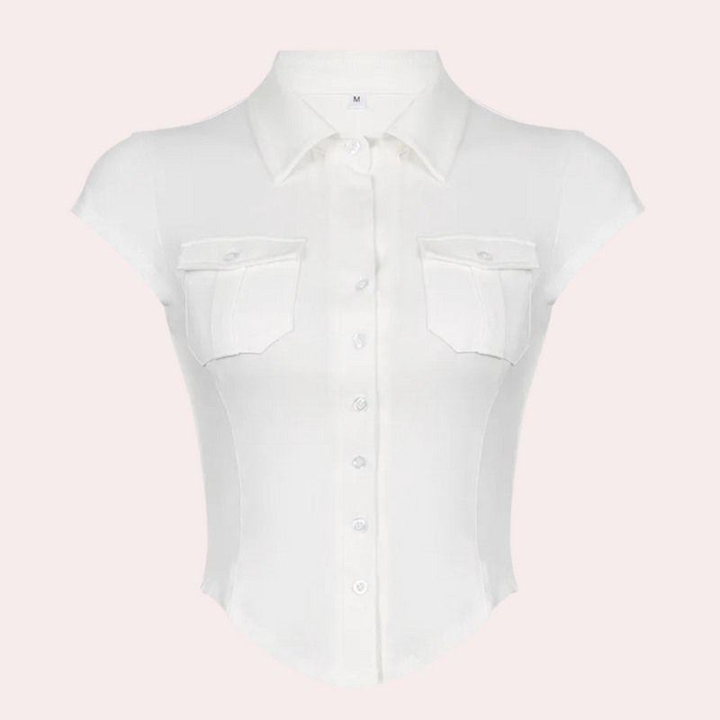Damen Bluse Kurzarm mit Knopfleiste und Brusttaschen-Luzern Mode