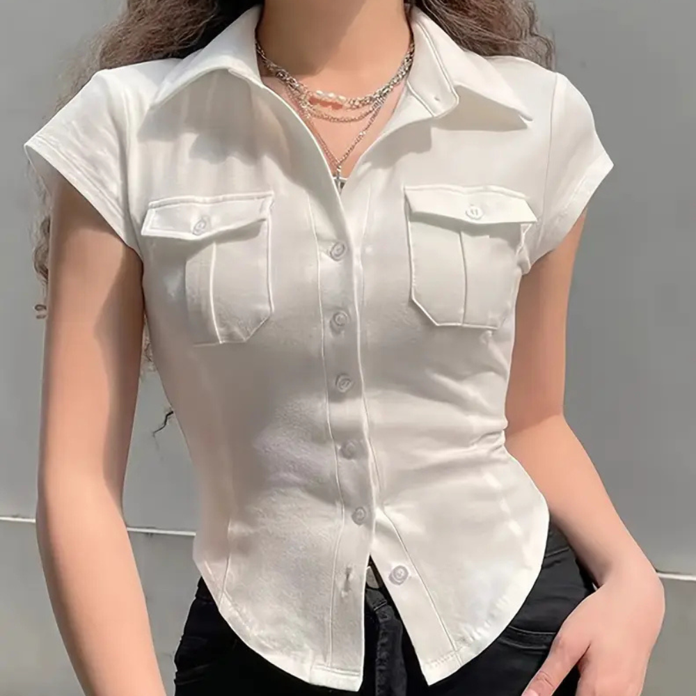 Damen Bluse Kurzarm mit Knopfleiste und Brusttaschen-XS-Luzern Mode