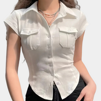 Damen Bluse Kurzarm mit Knopfleiste und Brusttaschen-Luzern Mode