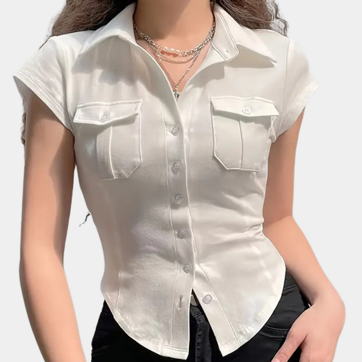 Damen Bluse Kurzarm mit Knopfleiste und Brusttaschen-Luzern Mode