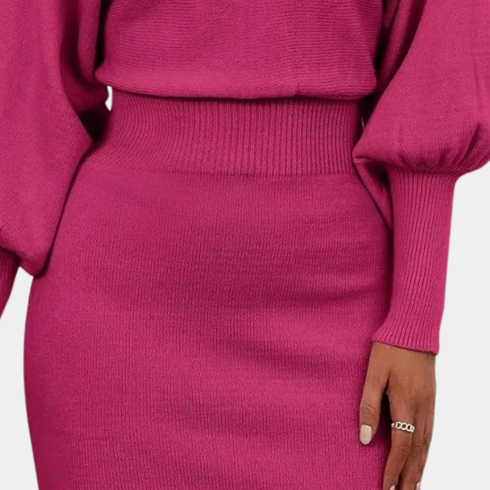 Damen Strickkleid mit Ballonärmeln und Rundhalsausschnitt-Luzern Mode