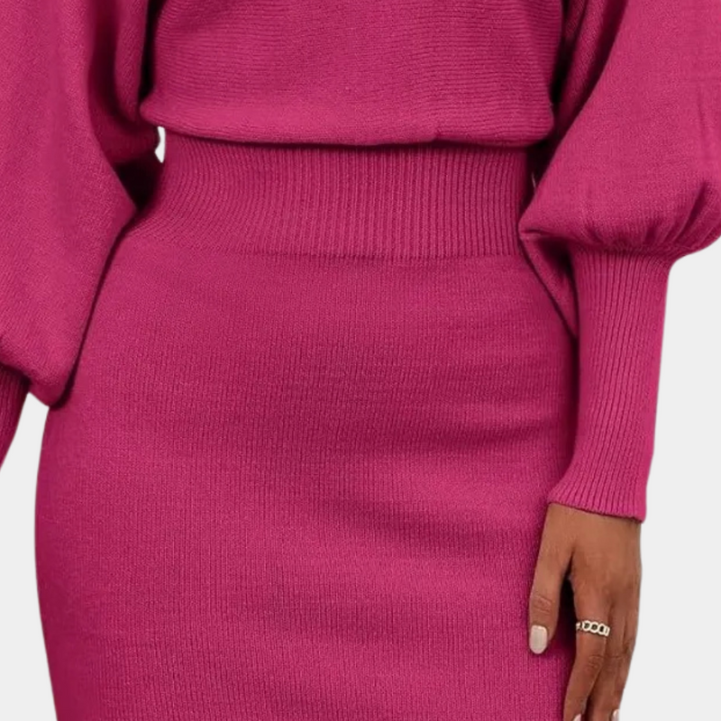 Damen Strickkleid mit Ballonärmeln und Rundhalsausschnitt-Luzern Mode