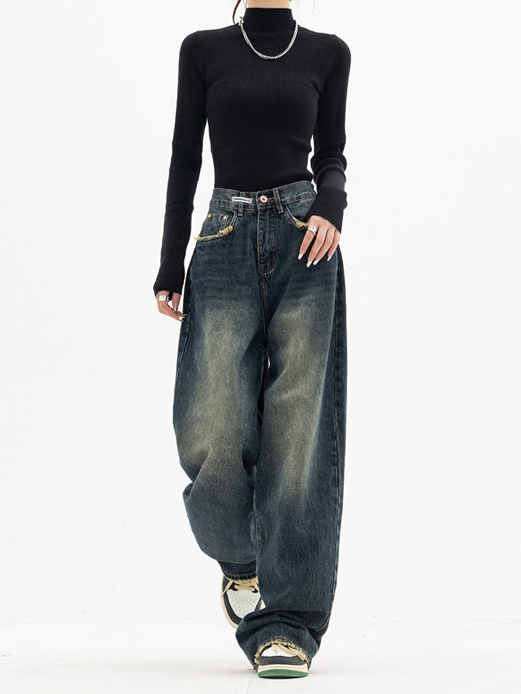 Baggy Damenjeans mit hohem Bund für lässigen Look-Blaugrau-S-Luzern Mode