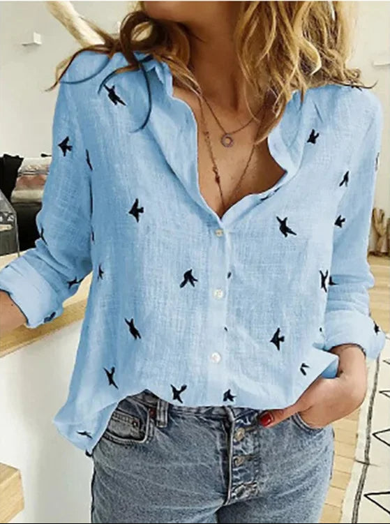 Damen Leinenbluse | Vintage | Lockere Schnitt | Floral | Lange Ärmel-Blau-S-Luzern Mode