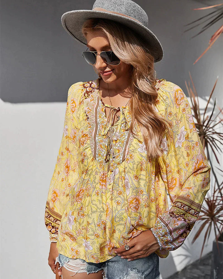 Boho Bluse Damen | Blumenprint | Luftig & langärmelig | Sommer Look | Vintage-Gelb-S-Luzern Mode