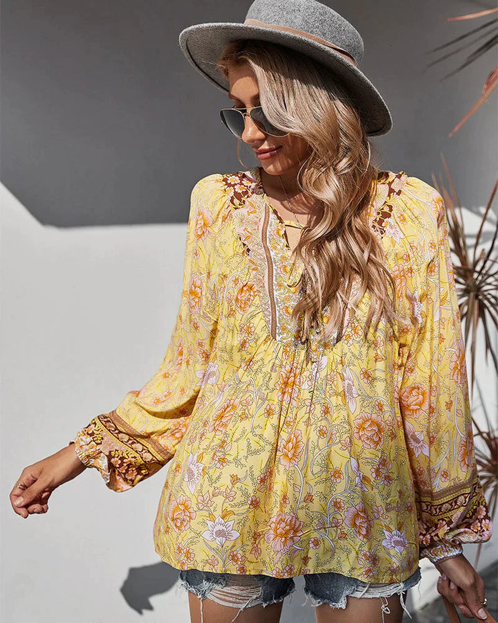 Boho Bluse Damen | Blumenprint | Luftig & langärmelig | Sommer Look | Vintage-Luzern Mode