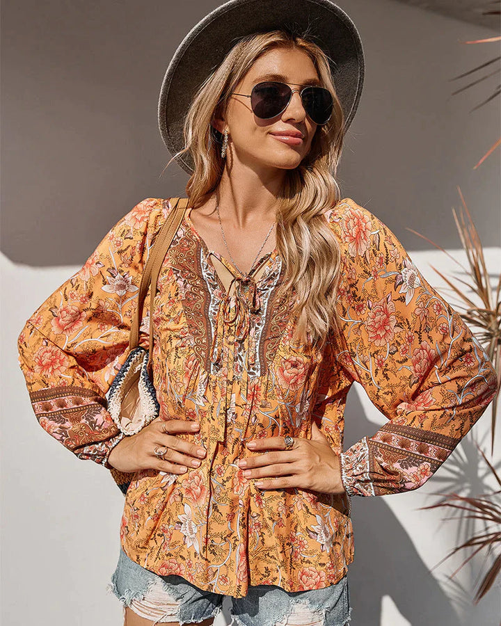Boho Bluse Damen | Blumenprint | Luftig & langärmelig | Sommer Look | Vintage-Orange-S-Luzern Mode