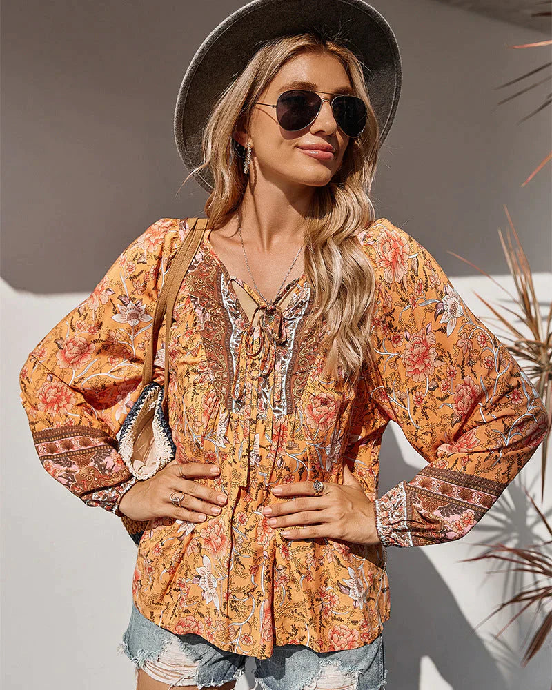 Boho Bluse Damen | Blumenprint | Luftig & langärmelig | Sommer Look | Vintage-Orange-S-Luzern Mode