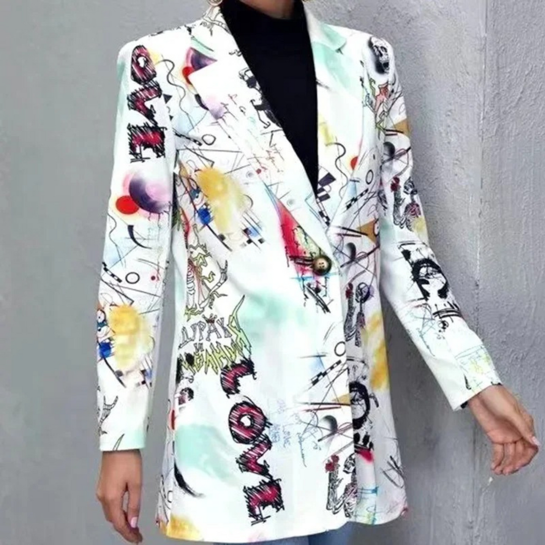 Vintage Damen Blazer mit Aufdruck - Langer Revers Kragen-Weiß-S-Luzern Mode