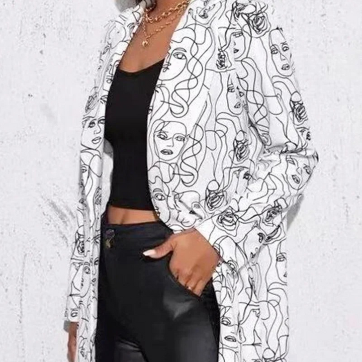 Vintage Damen Blazer mit Aufdruck - Langer Revers Kragen-Weiß-Schwarz-S-Luzern Mode