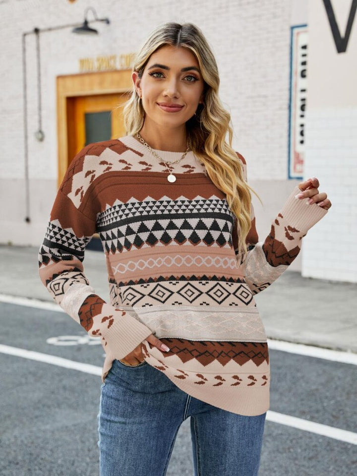 Damen Strickpullover mit Ethno-Muster für Herbst/Winter-Braun-S-Luzern Mode