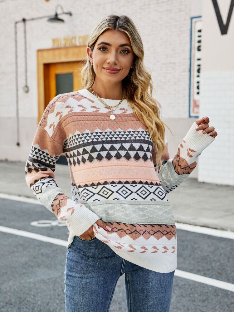 Damen Strickpullover mit Ethno-Muster für Herbst/Winter-Rosa-S-Luzern Mode