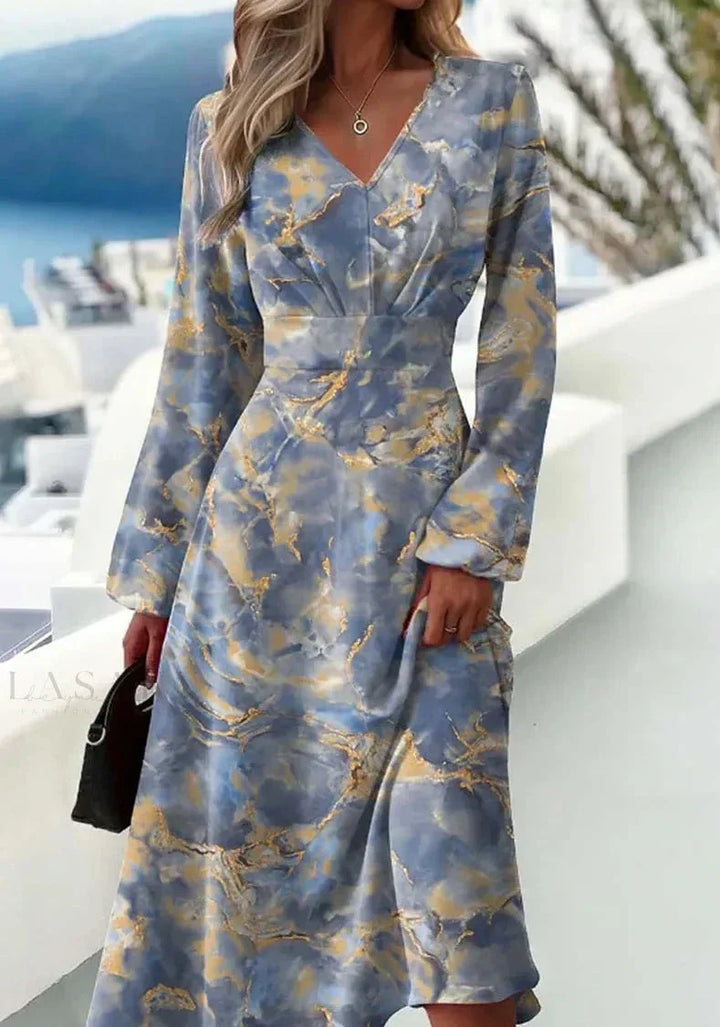 Elegantes Damenkleid mit Marmorprint und V-Ausschnitt-S-Luzern Mode