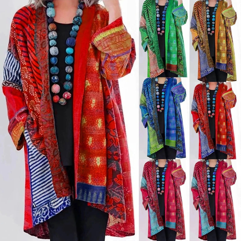 Boho Damen Kimono Cardigan mit Ethno-Muster und Taschen-Luzern Mode
