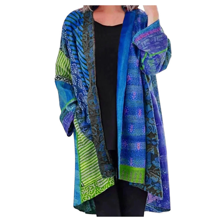 Boho Damen Kimono Cardigan mit Ethno-Muster und Taschen-Blau-S-Luzern Mode