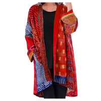 Boho Damen Kimono Cardigan mit Ethno-Muster und Taschen-Rot-S-Luzern Mode