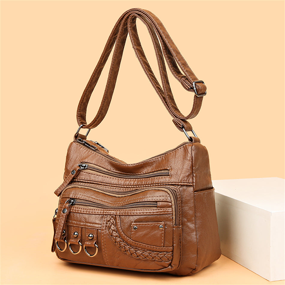 Damen Lederhandtasche mit Reißverschluss und Fächern-Braun-Luzern Mode