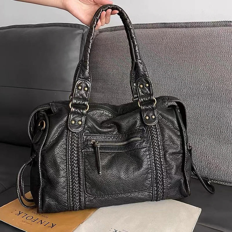 Damen Lederhandtasche mit Reißverschluss und Tragegriff-Luzern Mode