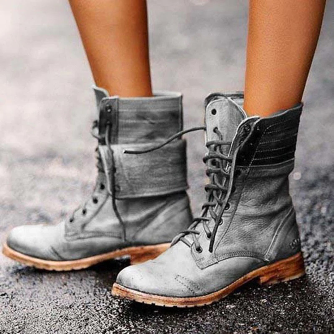 Damen Lederstiefel Vintage Look mit Schnürung und Reißverschluss-Grau-34-Luzern Mode