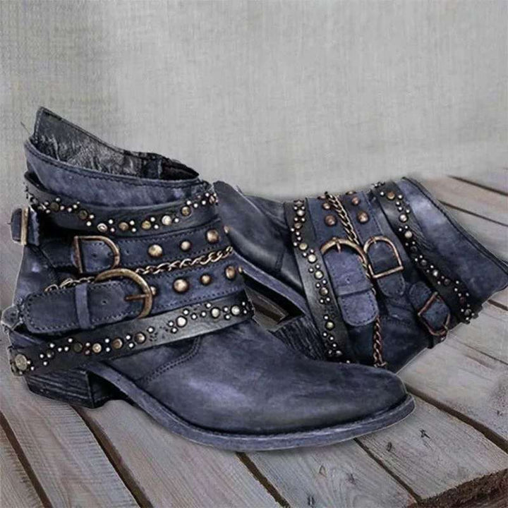 Damen Leder Stiefeletten mit Nieten und Schnallen Vintage-Blau-35-Luzern Mode