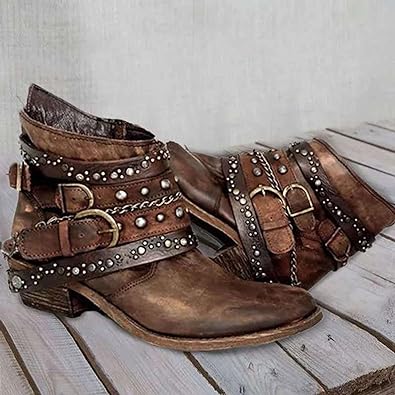 Damen Leder Stiefeletten mit Nieten und Schnallen Vintage-Braun-35-Luzern Mode
