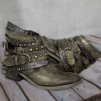 Damen Leder Stiefeletten mit Nieten und Schnallen Vintage-Grün-35-Luzern Mode