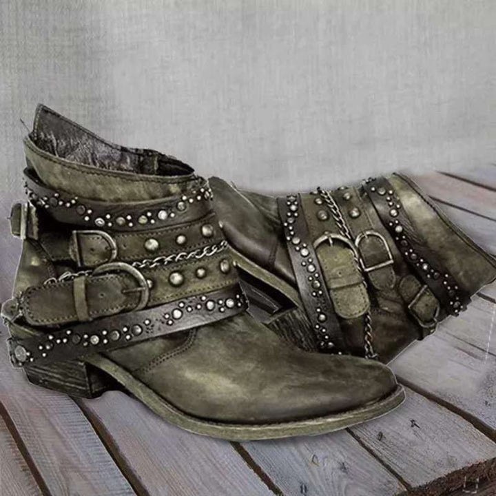 Damen Leder Stiefeletten mit Nieten und Schnallen Vintage-Grün-35-Luzern Mode