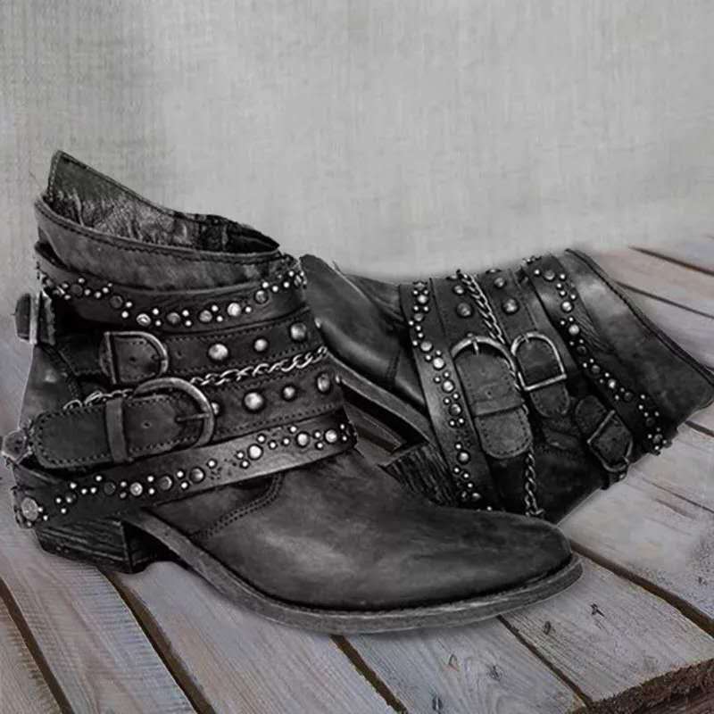 Damen Leder Stiefeletten mit Nieten und Schnallen Vintage-Schwarz-35-Luzern Mode