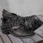 Damen Leder Stiefeletten mit Nieten und Schnallen Vintage-Schwarz-35-Luzern Mode