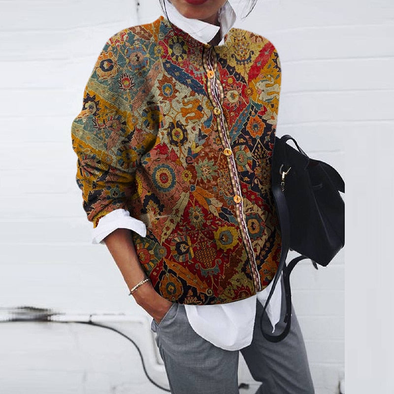 Boho Bluse Damen - Ethno Muster, Langarm, Vintage Look-Luzern Mode