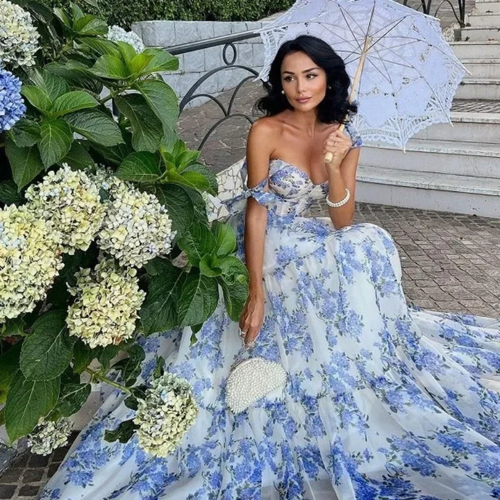 Ein-Schulter Blumenkleid Damen - Elegantes Sommerkleid-Blau-XS-Luzern Mode