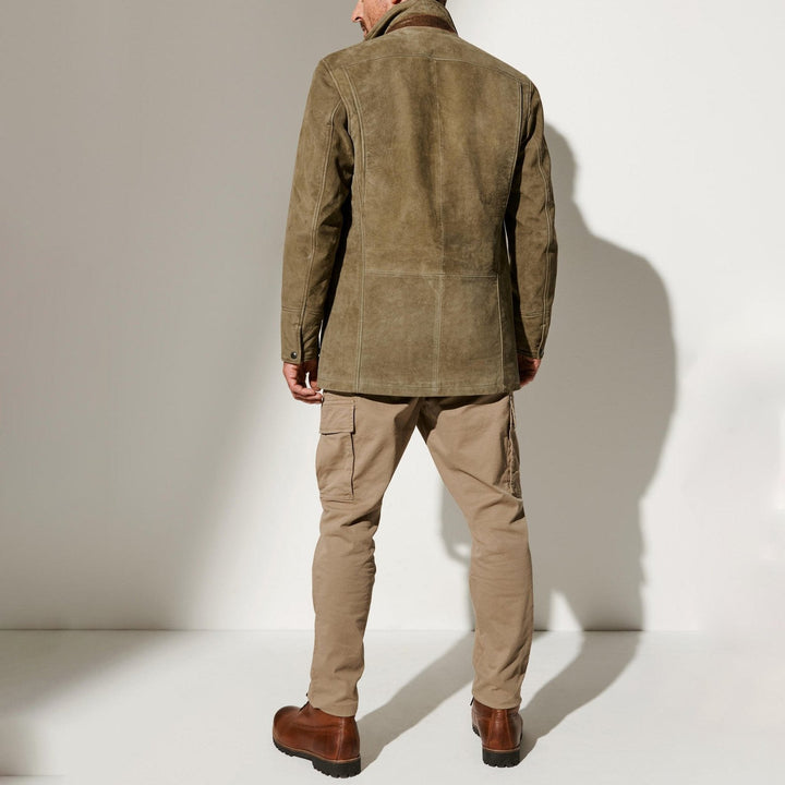 Olivgrüner Herrenmantel | Wildleder | Knöpfe | Reißverschluss | Kragen | Vintage-Luzern Mode