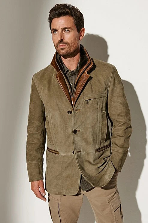 Olivgrüner Herrenmantel | Wildleder | Knöpfe | Reißverschluss | Kragen | Vintage-Luzern Mode