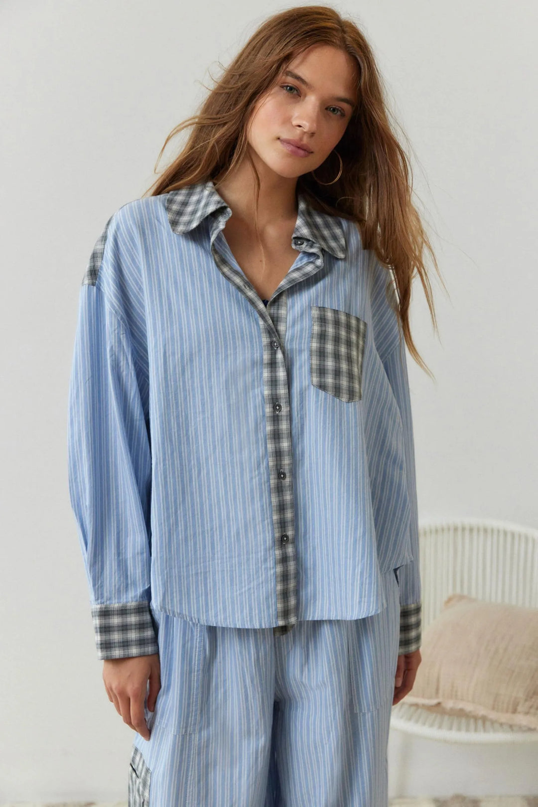 Damen-Pyjama | Lange Ärmel | Fleece | Warm | Knopfverschluss | Locker-Blau-S-Luzern Mode