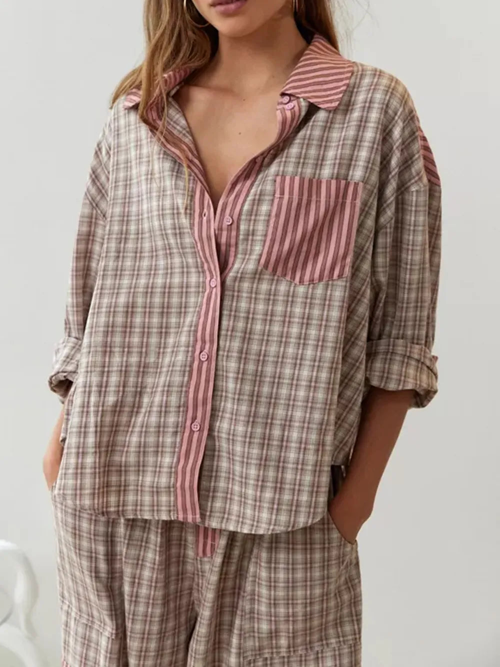 Damen-Pyjama | Lange Ärmel | Fleece | Warm | Knopfverschluss | Locker-Braun-S-Luzern Mode
