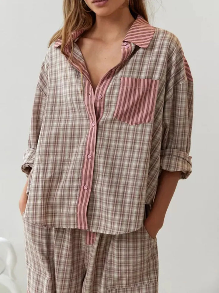 Damen-Pyjama | Lange Ärmel | Fleece | Warm | Knopfverschluss | Locker-Braun-S-Luzern Mode