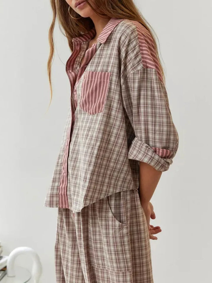 Damen-Pyjama | Lange Ärmel | Fleece | Warm | Knopfverschluss | Locker-Luzern Mode