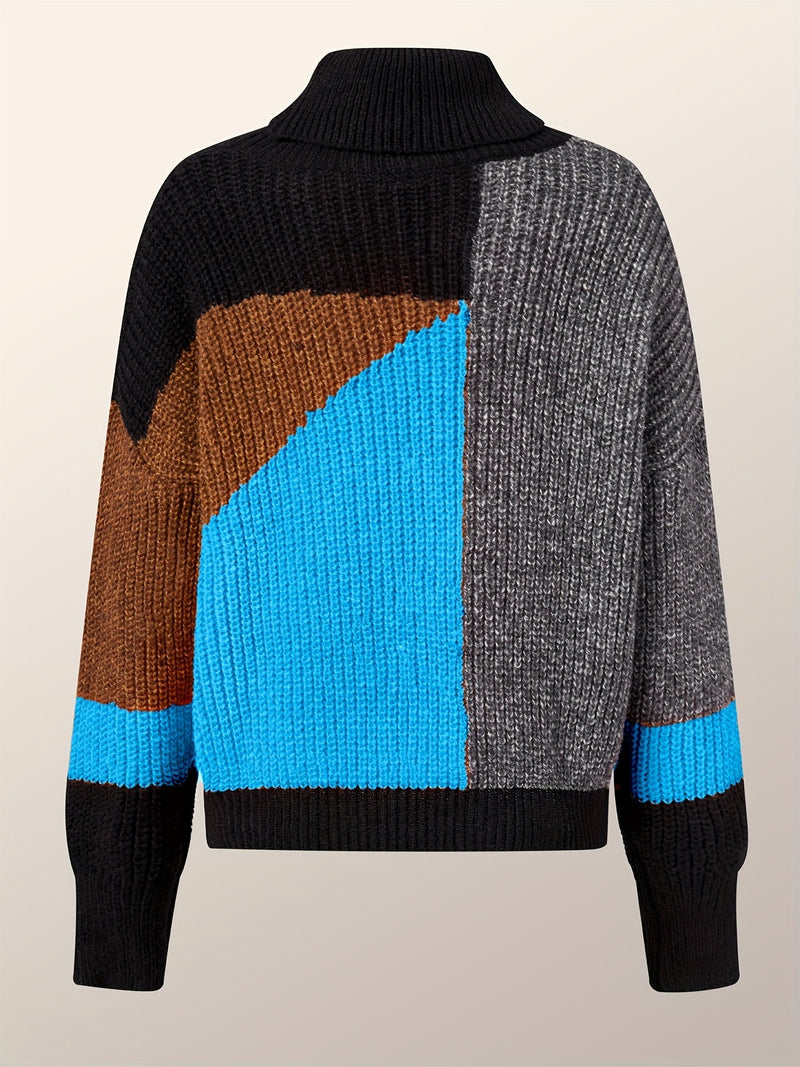 Herren Strickpullover mit Rollkragen und Patchwork-Design-Blau-S-Luzern Mode