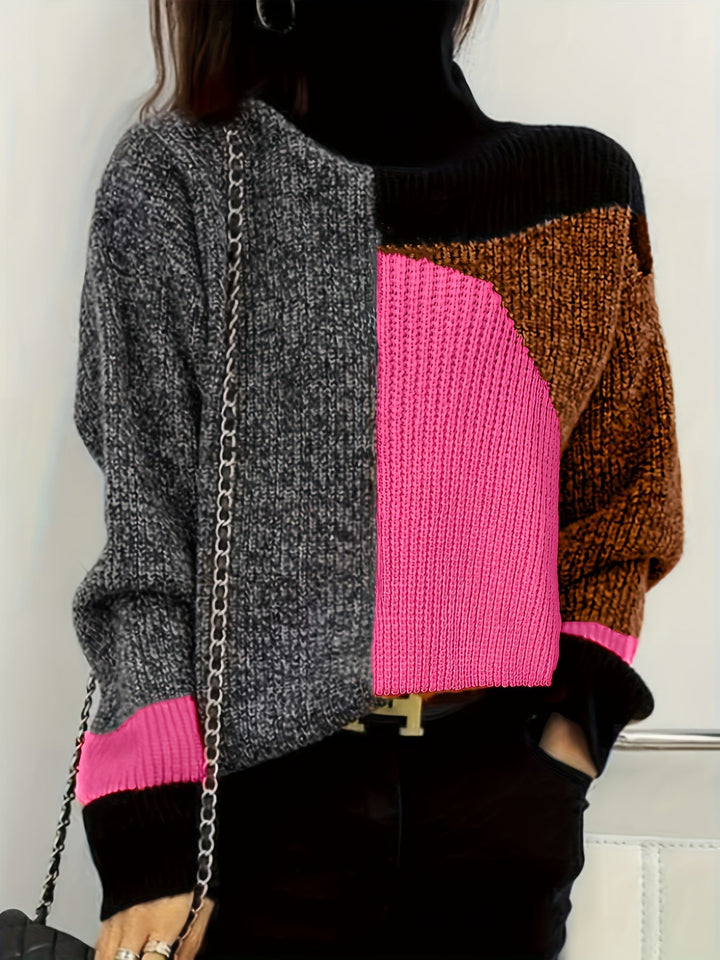 Herren Strickpullover mit Rollkragen und Patchwork-Design-Luzern Mode