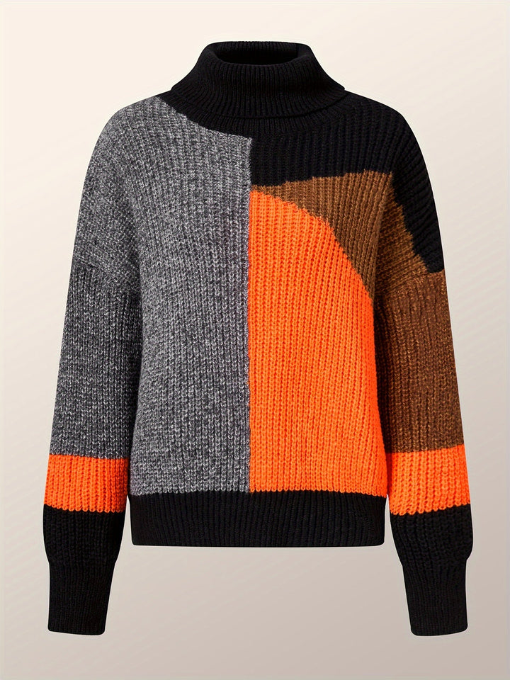 Herren Strickpullover mit Rollkragen und Patchwork-Design-Orange-S-Luzern Mode