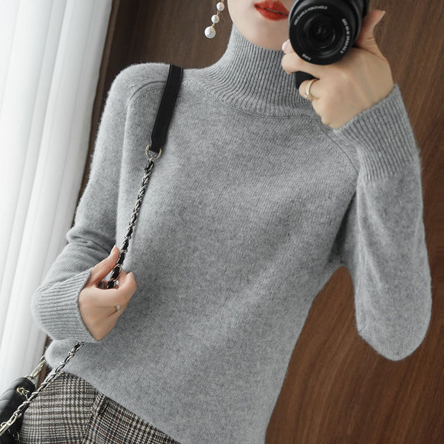 Damen Rollkragenpullover aus Kaschmir - Weicher Strickpullover-Grau-S-Luzern Mode